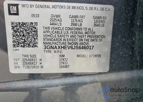 2018 Chevrolet Equinox Ls из США, поврежденный, VIN 3GNAXHEV6JS646017